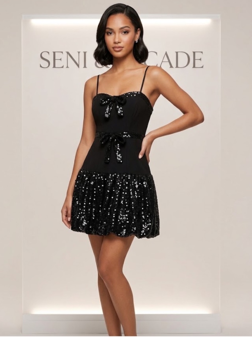 Black Sequin Bow-Accent Mini Dress